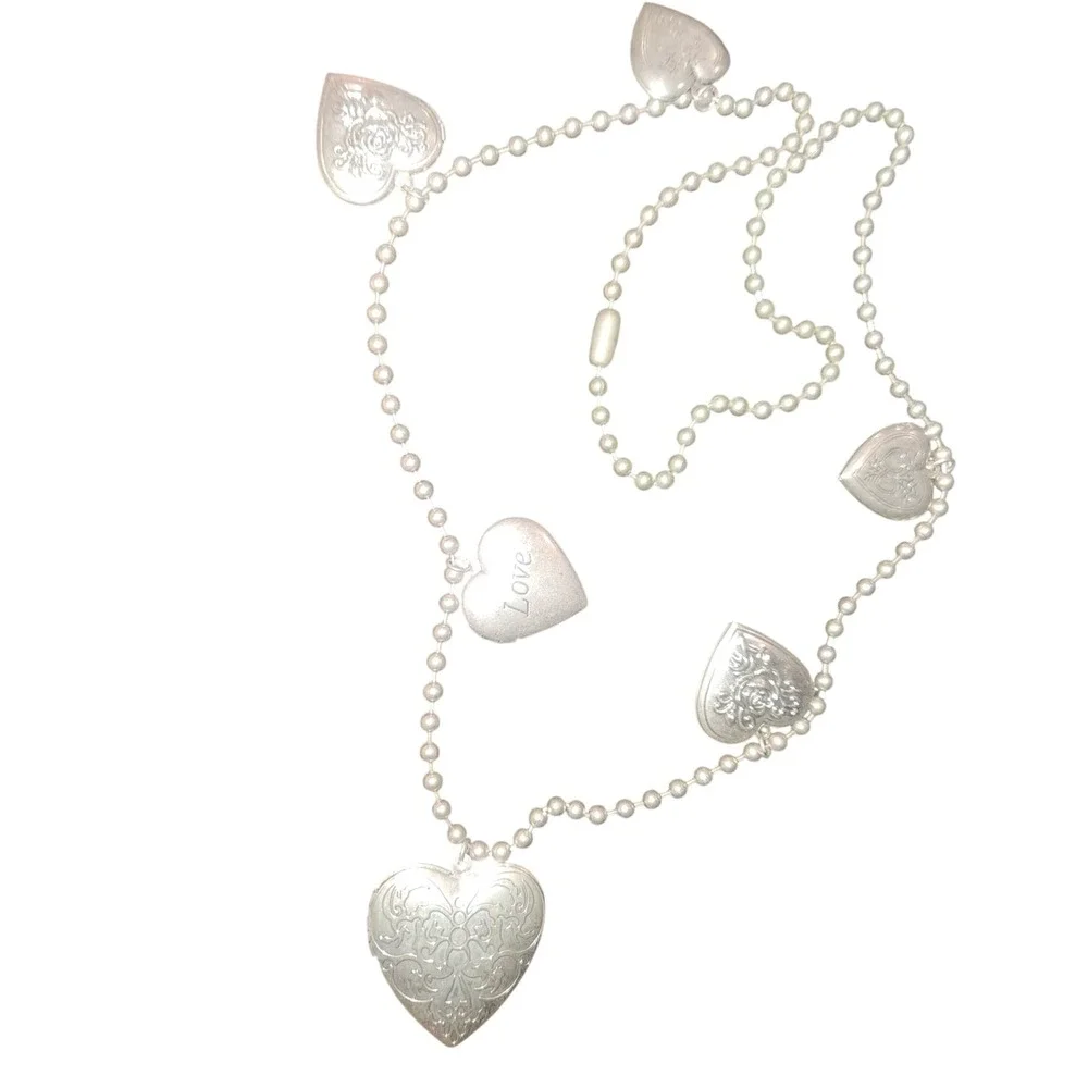 Silver Tone Heart Locket Charm‎ Necklace Beaded Chain Love Rose Engraved